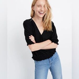 Madewell Women’s Texture & Thread Clipdot Smocked Black Crossover Top Sz L EUC